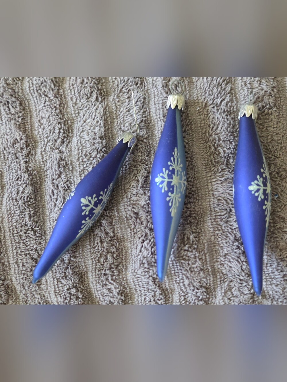 Czech beaded holly blown glass blue oval Christmas tree ornaments